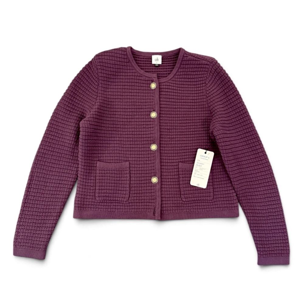 Cabi #4856 Sweater Jacket Deep Plum Textured Knit Gold Buttons NWT Large